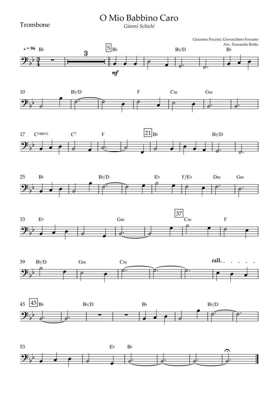 O Mio Babbino Caro (Puccini) for Trombone Solo with Chords (arr. Fernando Britto)