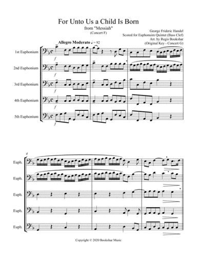 For Unto Us a Child is Born (from "Messiah") (F) (Euphonium Quintet - Bass Clef) (arr. Regis Bookshar)