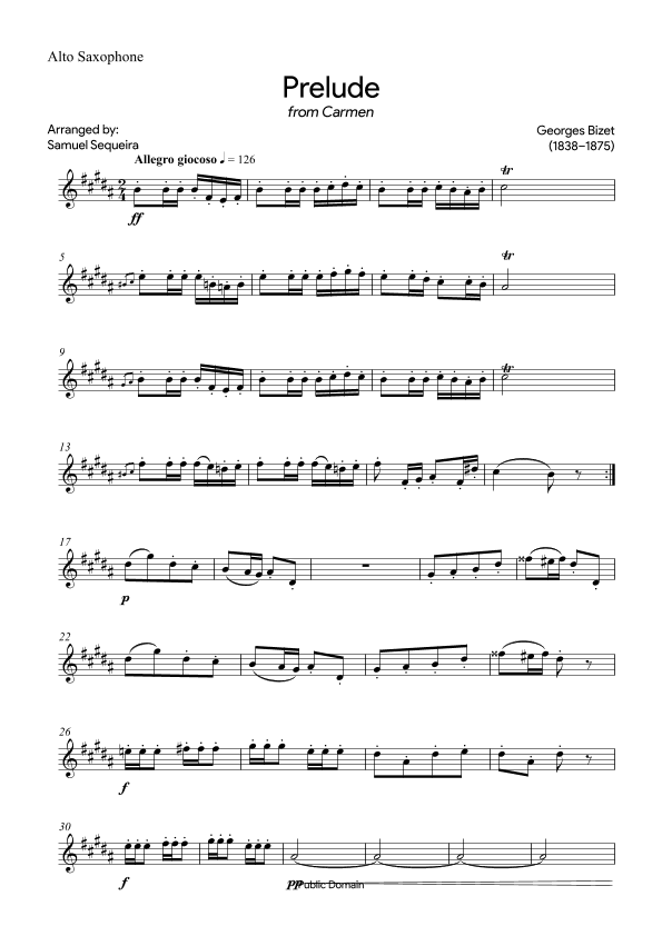 Prelude (from Carmen) - for Alto Saxophone - with play along (arr. Samuel Sequeira)