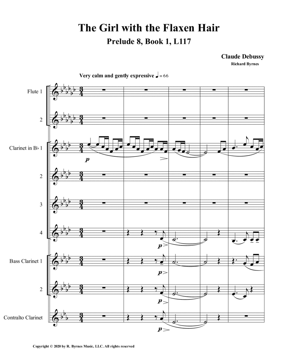 The Girl with the Flaxen Hair, Prelude 8, Book 1 by Claude Debussy (Clarinet Septet + 2 Flutes) (arr. Richard Byrnes)