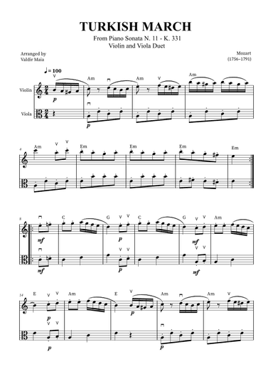 Turkish March - Violin and Viola (with bowings and chords) (arr. Valdir Maia)