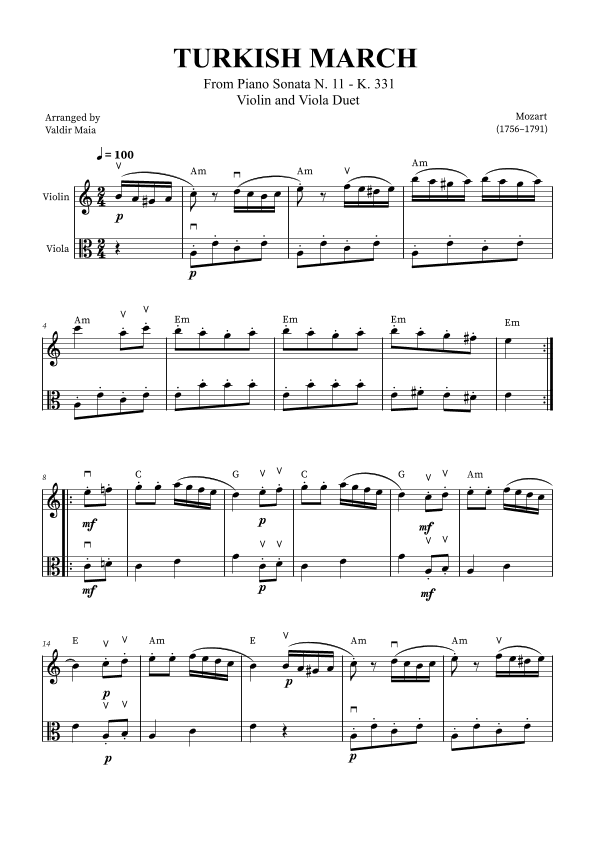 Turkish March - Violin and Viola (with bowings and chords) (arr. Valdir Maia)