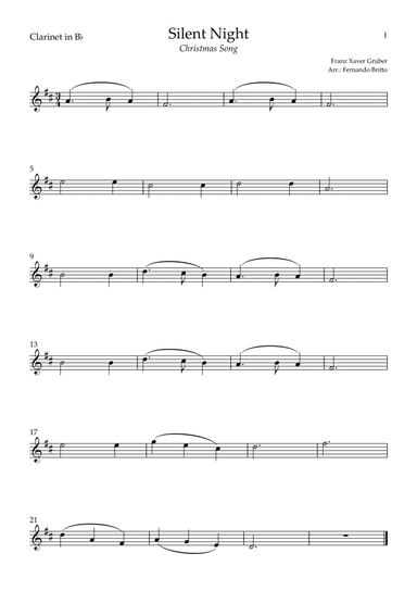 Silent Night (Christmas Song) for Clarinet in Bb Solo (C Major) (arr. Fernando Britto)