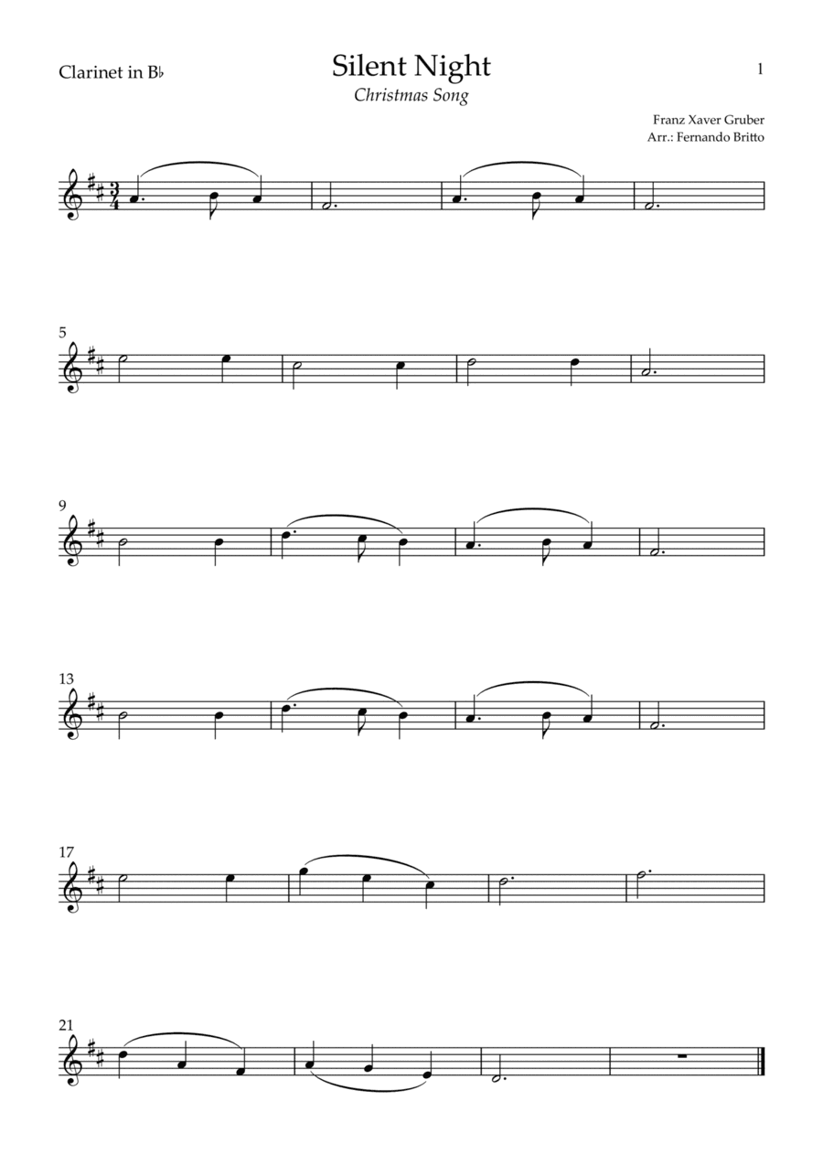 Silent Night (Christmas Song) for Clarinet in Bb Solo (C Major) (arr. Fernando Britto)