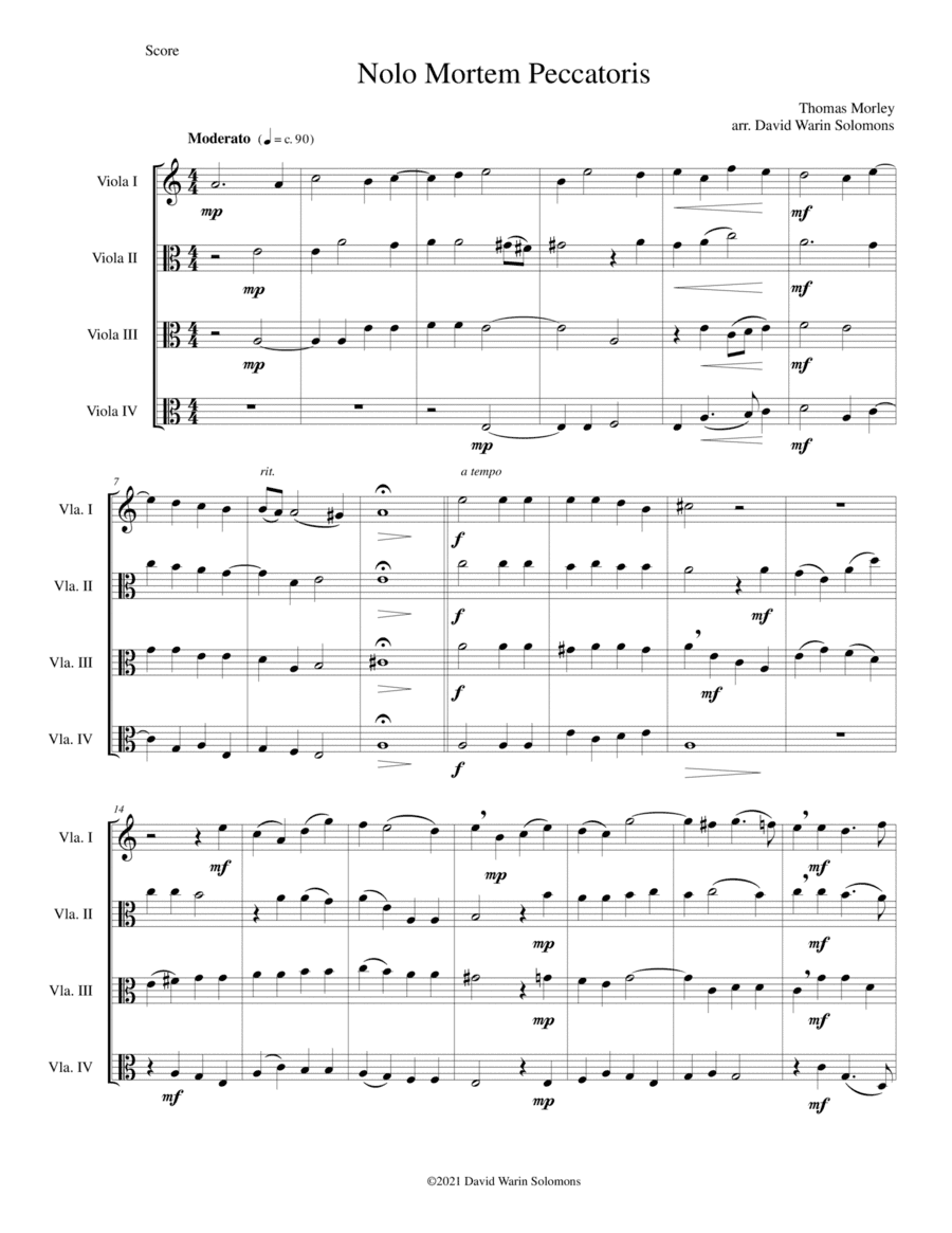 Nolo mortem peccatoris (I do not wish a sinner to die) for 4 violas (arr. David Warin Solomons)