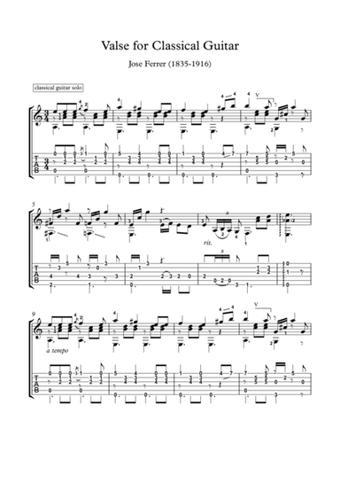 Valse for Classical Guitar solo with tab (arr. PianoSheetNow)