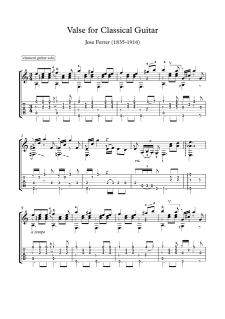 Valse for Classical Guitar solo with tab (arr. PianoSheetNow)