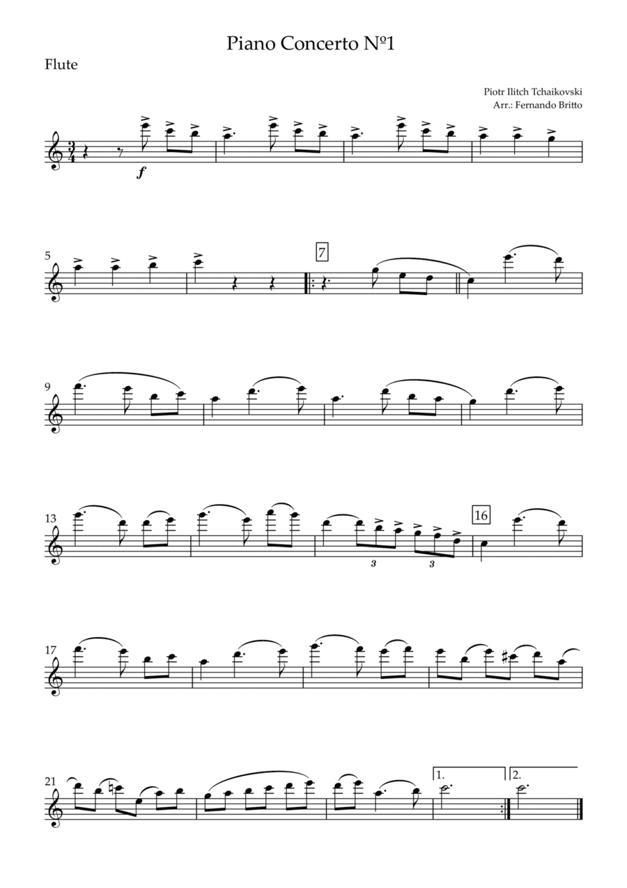 Piano Concerto Nº 1 - 1st Mov. Theme (P. Tchaikovsky) for Flute Solo (C Major) (arr. Fernando Britto)