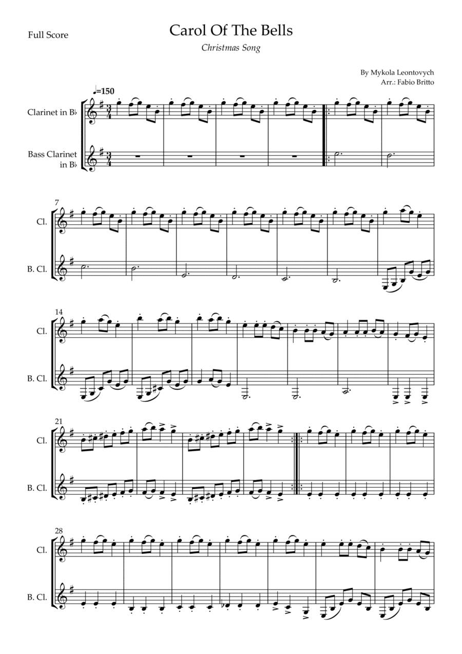 Carol Of The Bells (Christmas Song) for Clarinet in Bb & Bass Clarinet in Bb Duo (D Minor) (arr. Fabio Britto)