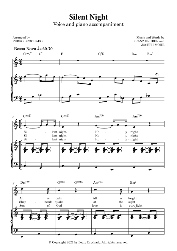 Silent Night in Bossa Nova - For Voice and Piano (in C) v2 (arr. Pedro Brochado)
