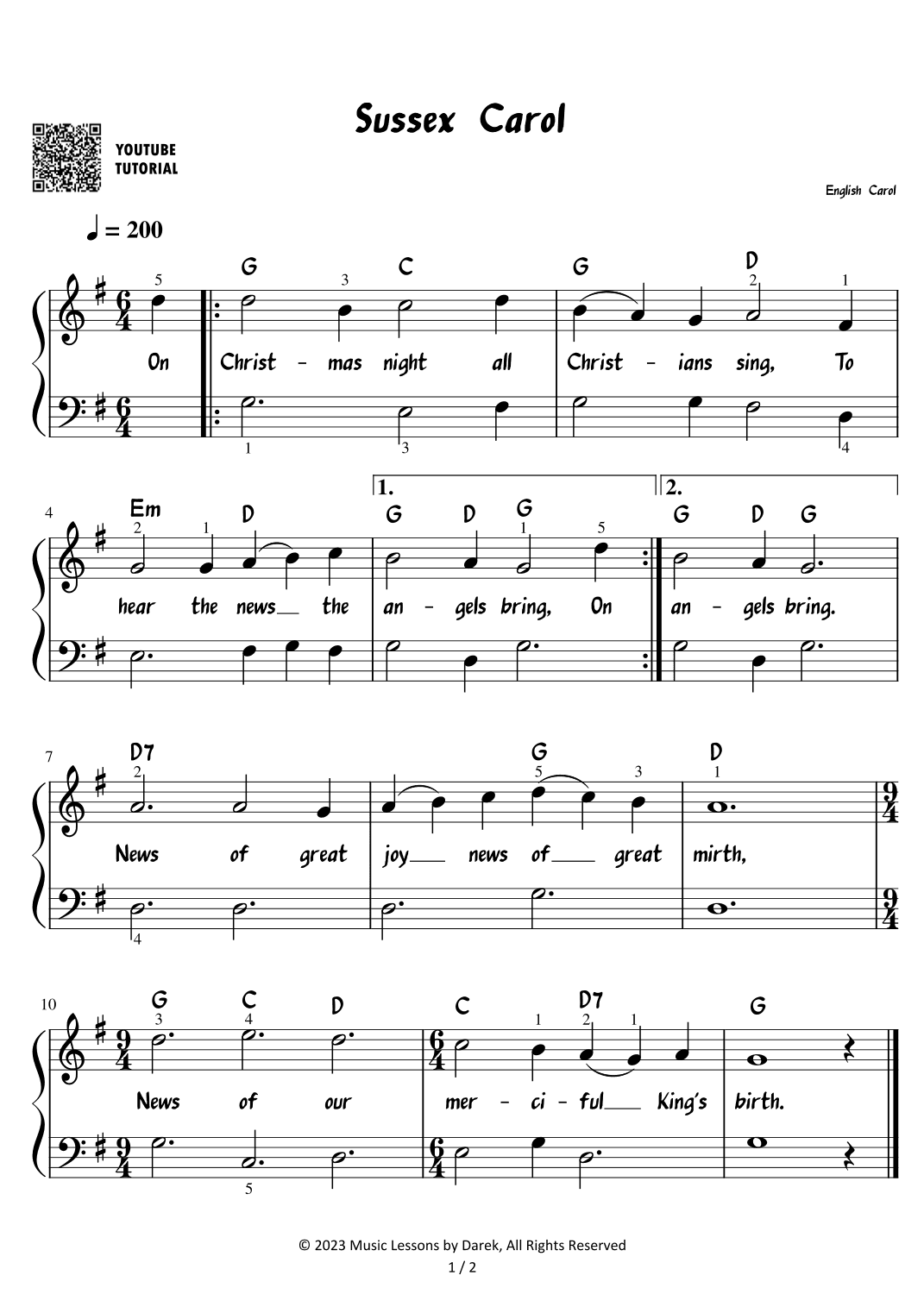 Sussex Carol - Christmas Carol [EASY PIANO] (arr. Darek)
