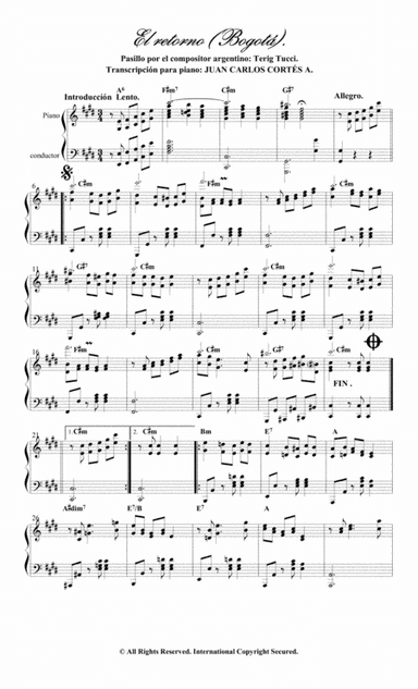 El retorno (Bogotá). Pasillo instrumental por Terig Tucci (arr. Juan Carlos Cortés A.)
