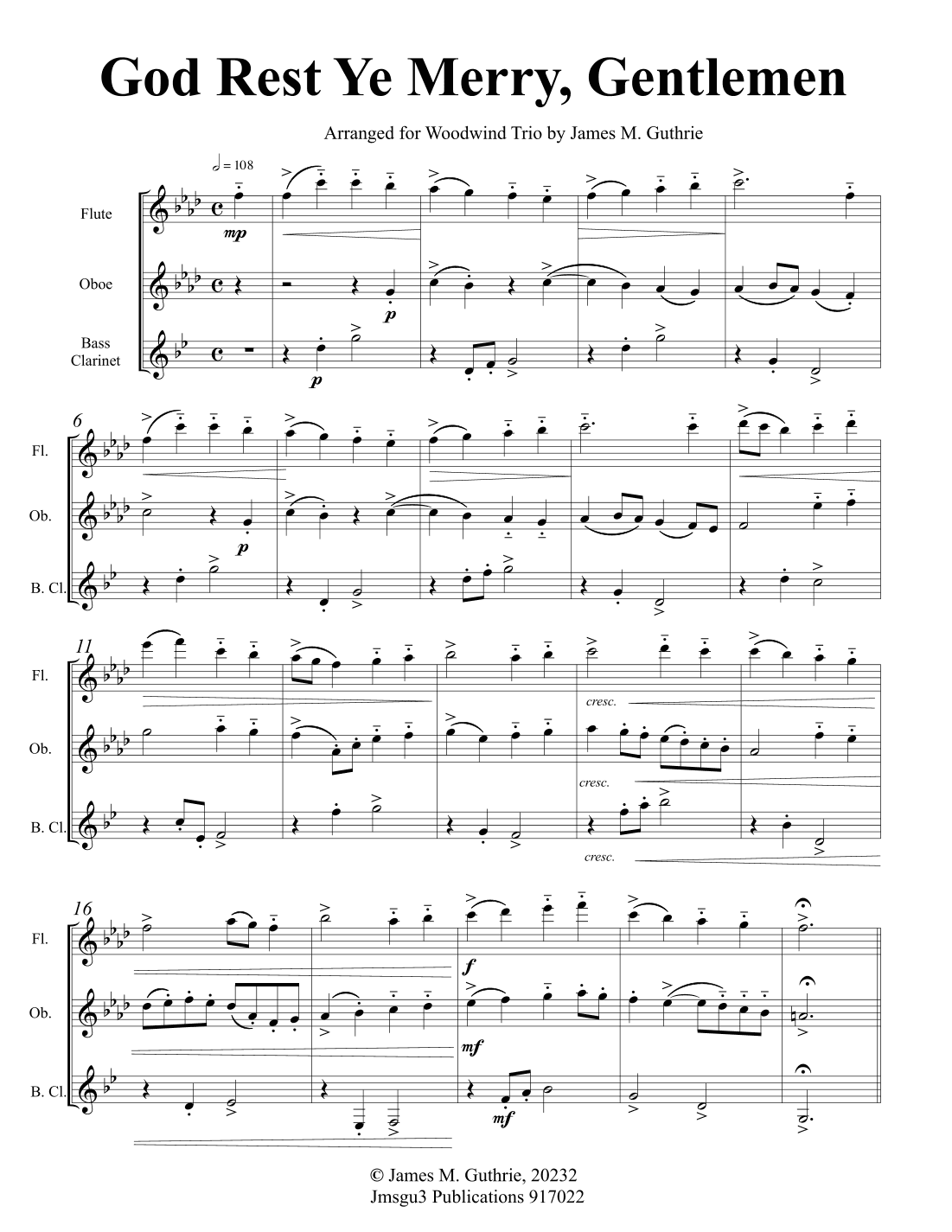 God Rest Ye Merry, Gentlemen for Woodwind Trio (arr. James M. Guthrie)