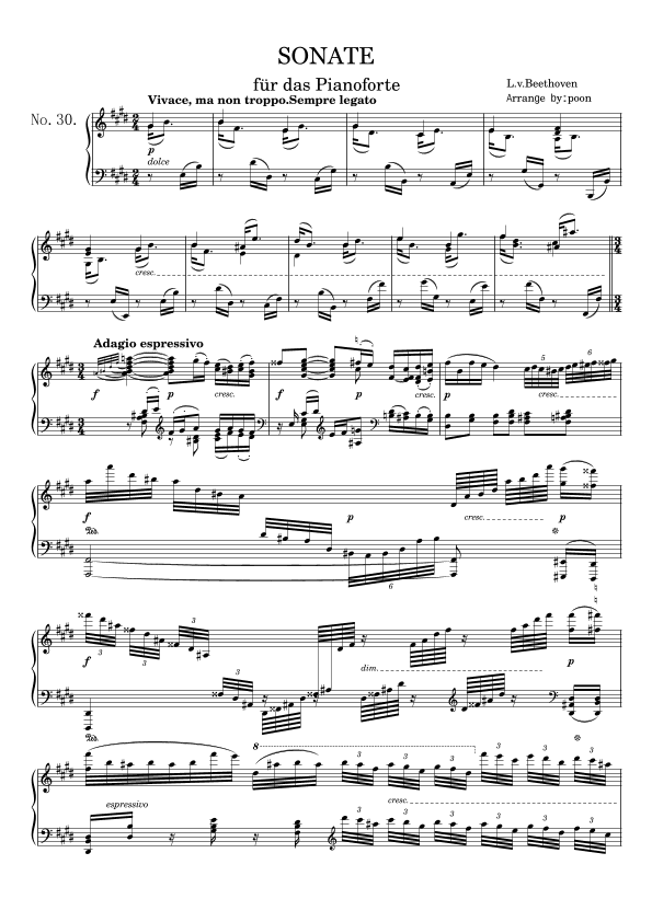Piano Sonata No.30 Op.109  in E Major Ludwig van Beethoven (arr. poon)
