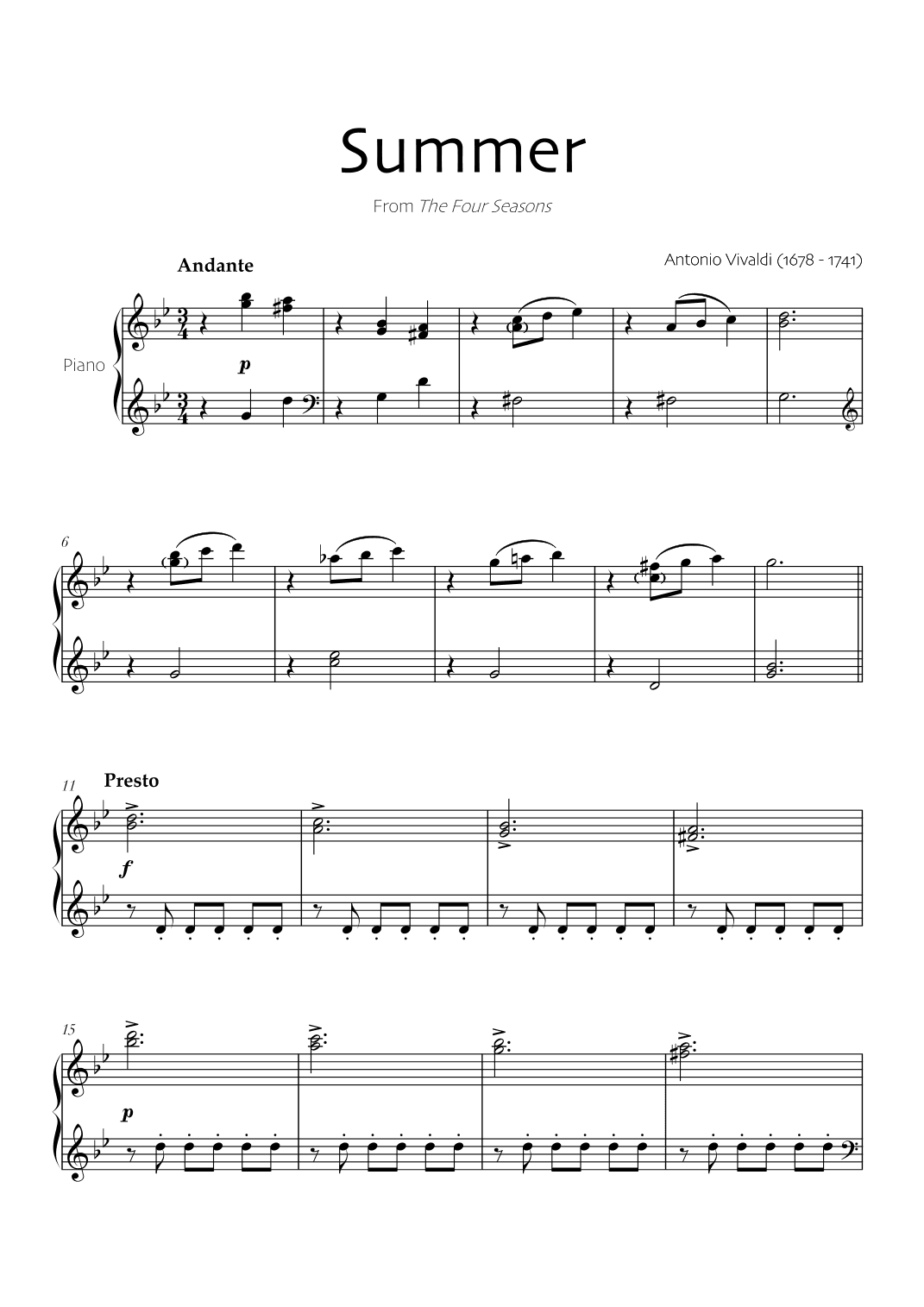 Summer (The four seasons) - Easy piano (arr. Robin Hood Editions)