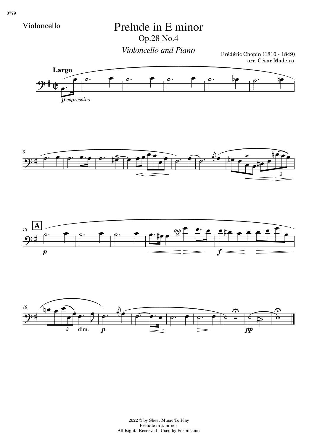 Prelude in E minor by Chopin - Cello and Piano (Individual Parts) (arr. César Madeira)