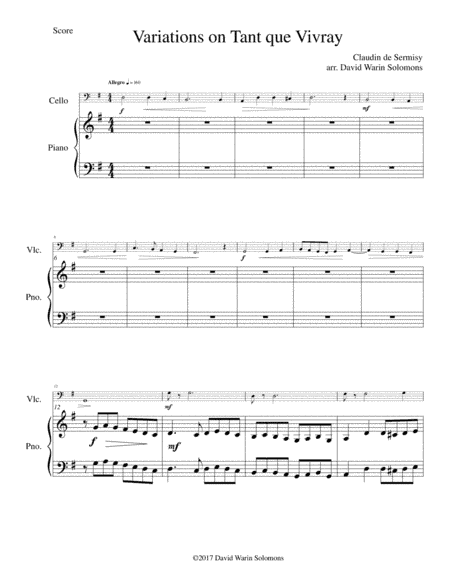 Variations on Tant que vivray (As long as I live) for cello and piano (arr. David Warin Solomons)