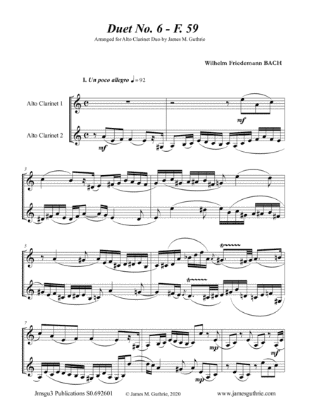 WF Bach: Duet No. 6 for Alto Clarinet Duo (arr. James M. Guthrie, ASCAP)