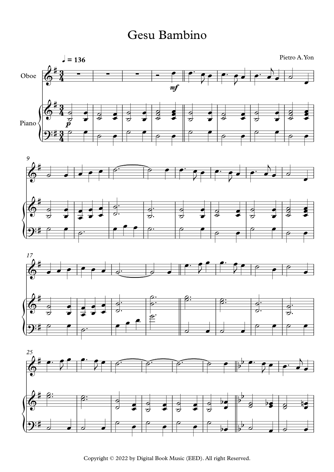 Gesu Bambino (The Infant Jesus) - Pietro A. Yon (Oboe + Piano) (arr. Digital Book Music)