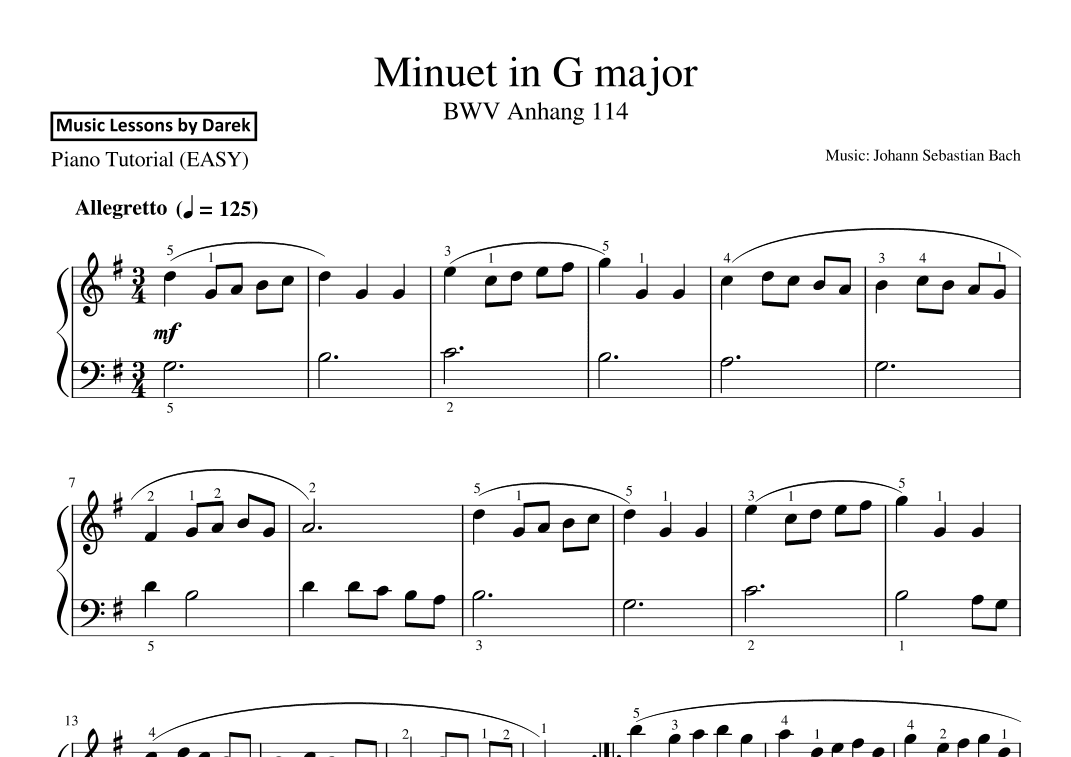 Minuet in G major (EASY PIANO) BWV Anhang 114 [Johann Sebastian Bach] (arr. Darek)