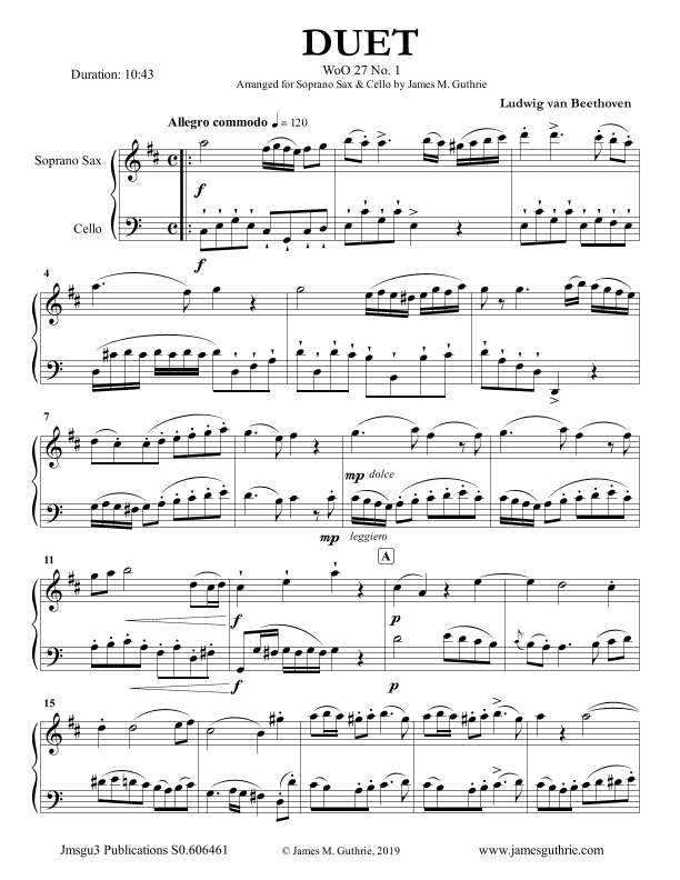 Beethoven: Duet WoO 27 No. 1 for Soprano Sax & Cello (arr. James M. Guthrie, ASCAP)