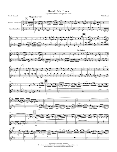 Rondo Alla Turca: Soprano & Tenor Saxophone Duet (arr. Keith Gemmell)