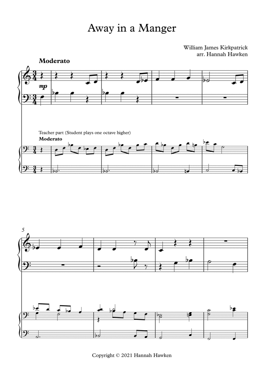 Away in a Manger - Kirkpatrick Cradle Song - Beginner Piano with Teacher Part (arr. Hannah Hawken)