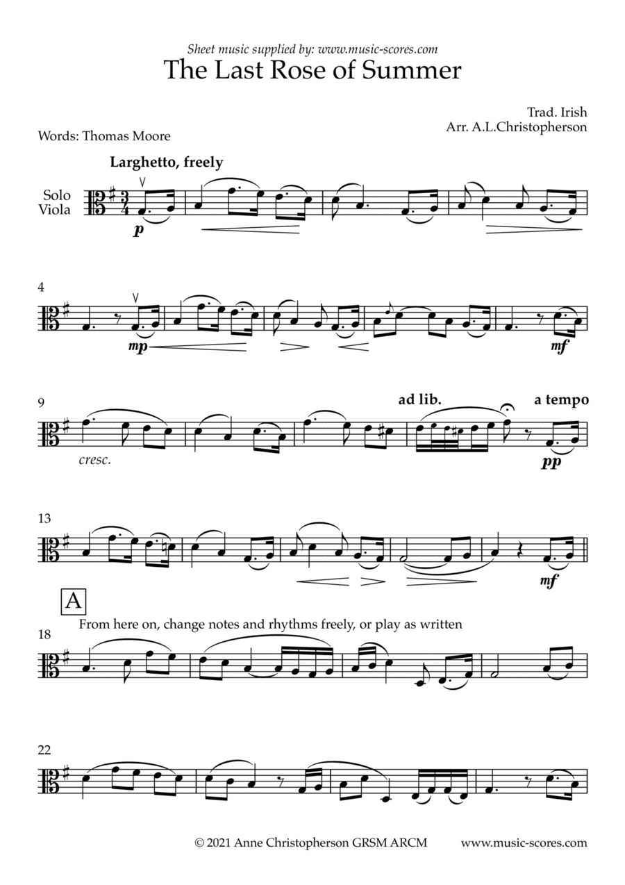 The Last Rose of Summer - Unaccompanied Viola (arr. Anne L Christopherson GRSM ARCM)