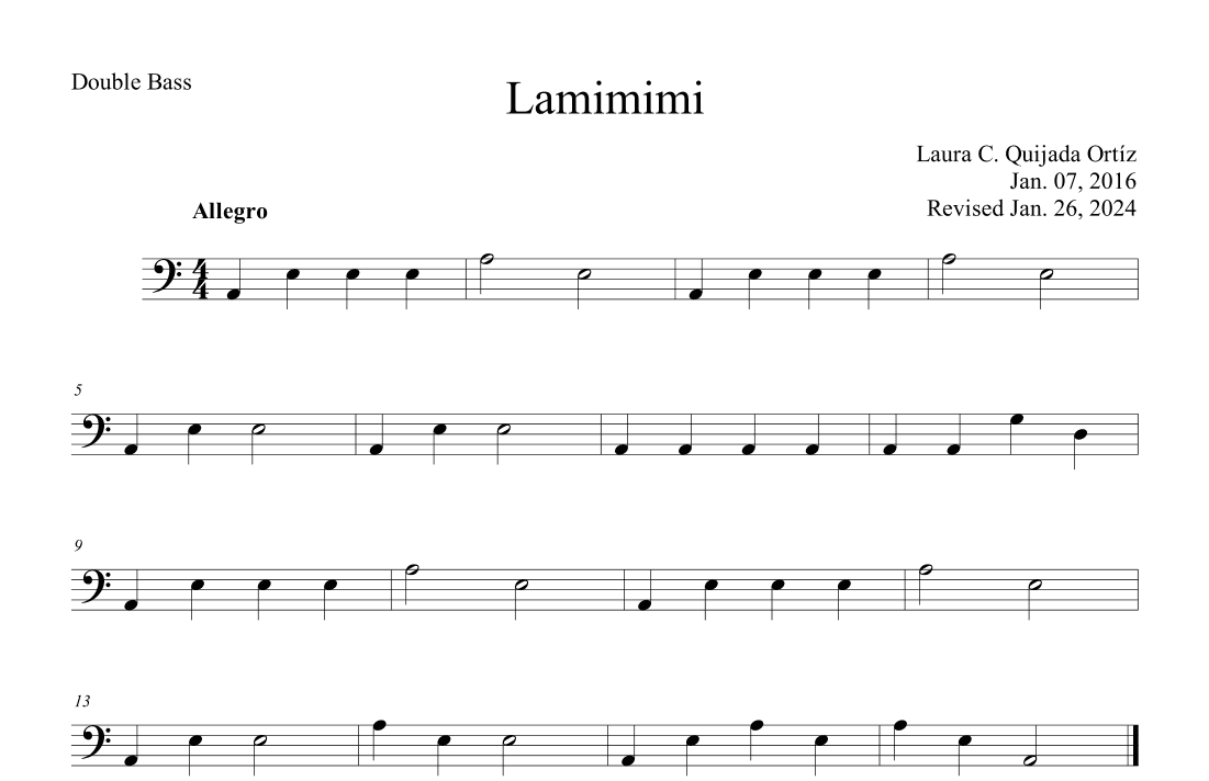 Lamimimi for beginner string orchestra.  Open strings and first finger. BASS PART.