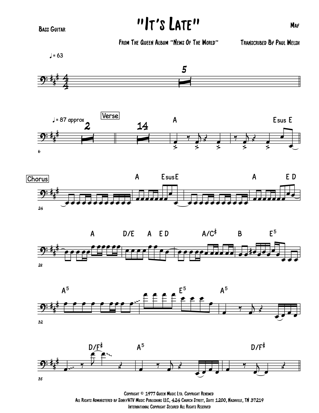 It's Late (arr. P Welsh)
