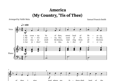 America (My Country, 'Tis of Thee) - Voice and Piano in F (arr. Valdir Maia)
