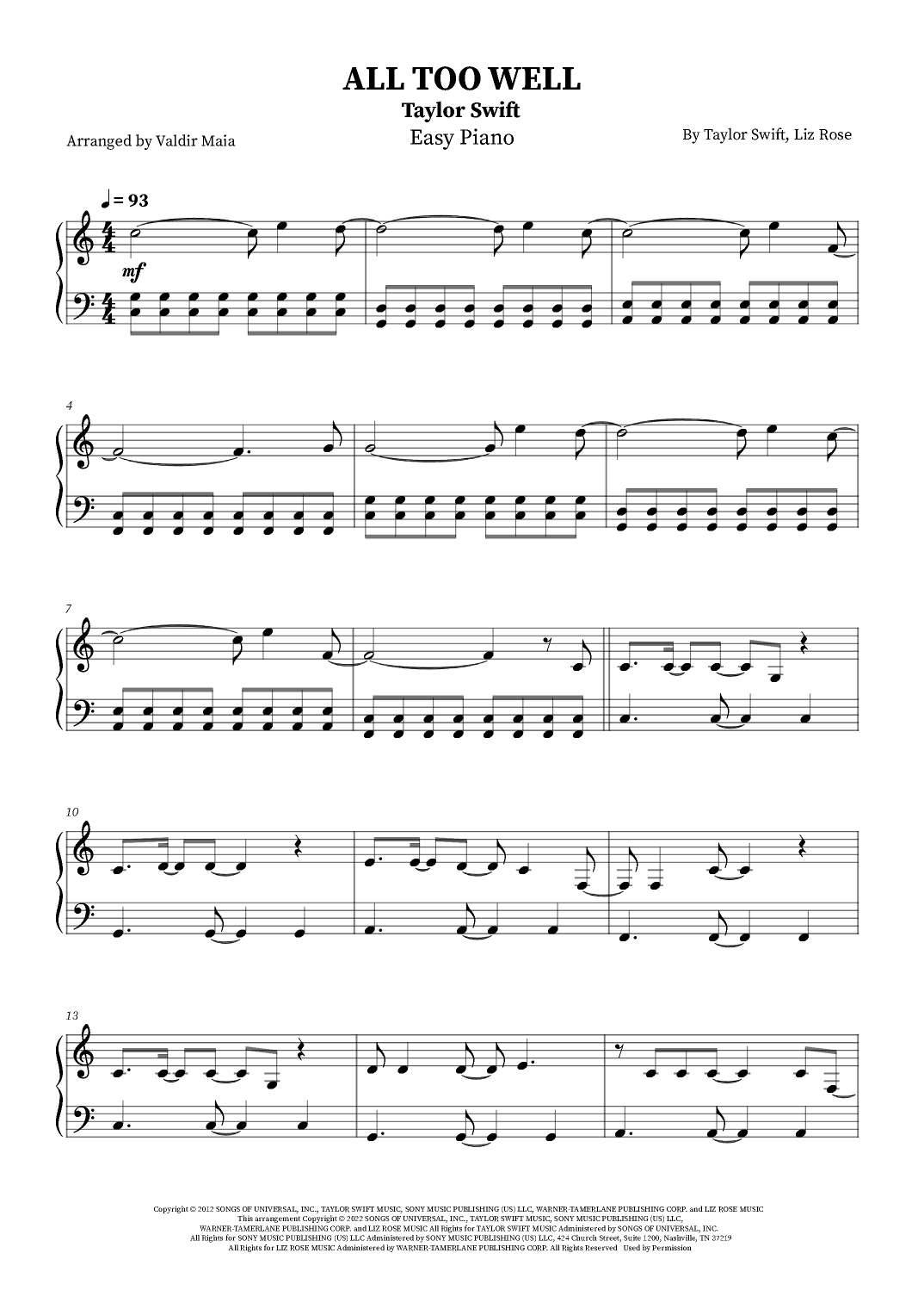 All Too Well (arr. Valdir Maia)