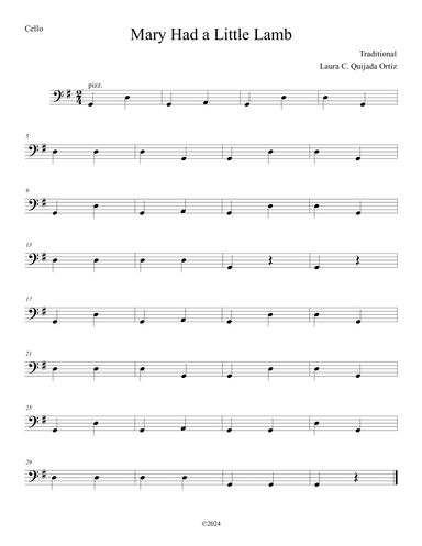 Mary had a Little Lamb. EASY. Open strings and first finger. Score & parts. (arr. Laura C. Quijada Ortíz)