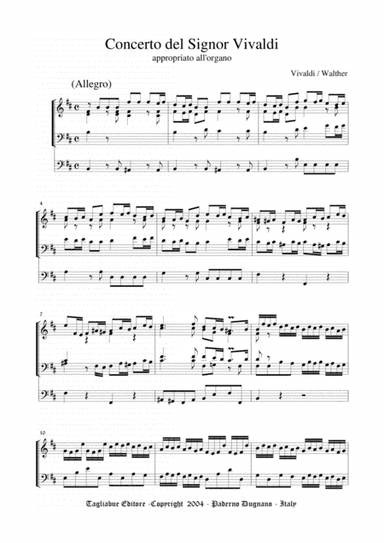 CONCERTO DEL SIGNOR VIVALDI appropriato all'Organo (3 staff) - Walther (arr. Johann Gottfried Walther - Transcription by Marcello Meneguzzo)
