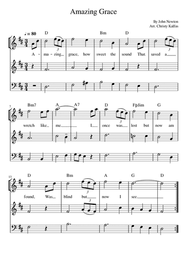 Amazing Grace - trio in D for wind and/or strings with guitar chords (arr. Christy Kalfas)