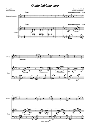 O mio babbino caro - for Recorder and Piano accompaniment - orchestral play along (arr. Samuel Sequeira)