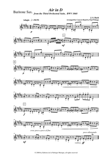 Johann Sebastian Bach/Wehage, Air in D from the Third orchestral suite, BWV 1068 arranged for concer (arr. Musik Fabrik Music Publishing)