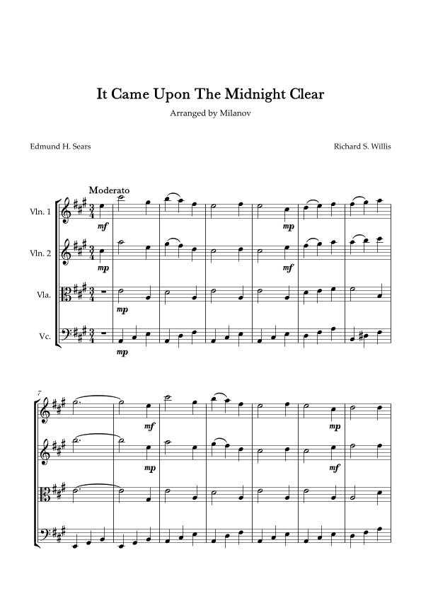It Came Upon The Midnight Clear String Quartet in A Easy Intermediate (arr. Milanov)