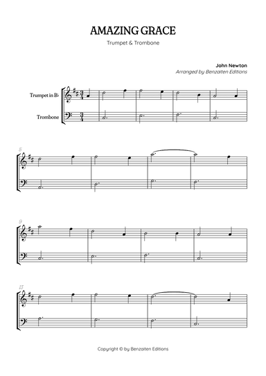 Amazing Grace • super easy trumpet and trombone sheet music (arr. Benzaiten Editions)