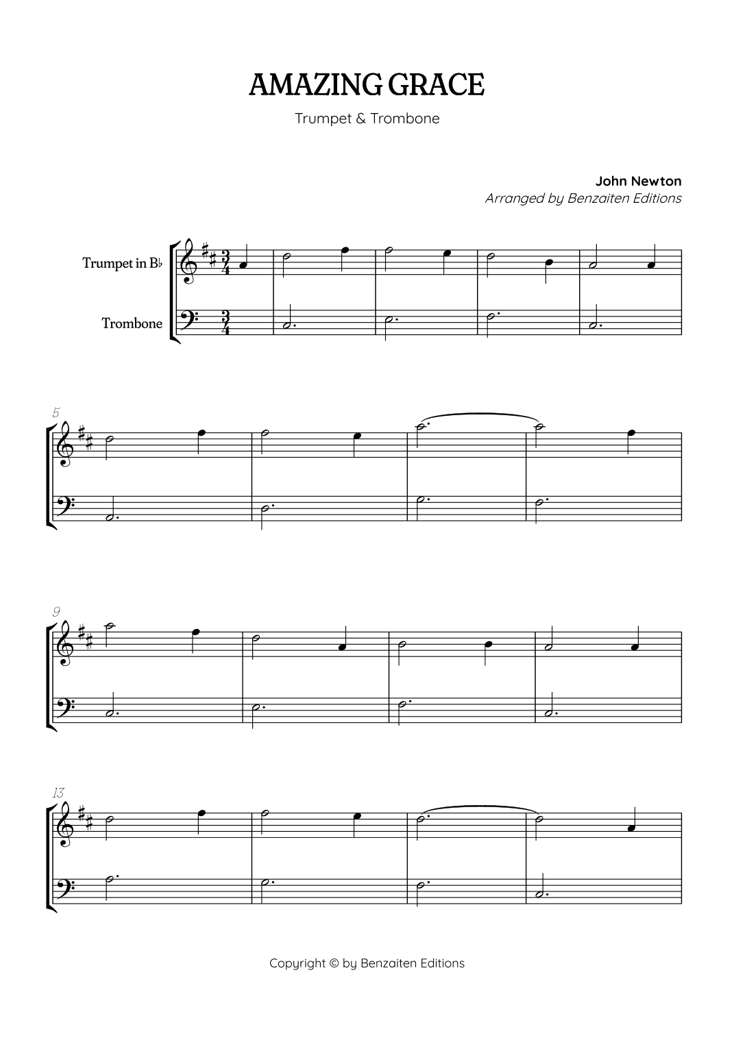 Amazing Grace • super easy trumpet and trombone sheet music (arr. Benzaiten Editions)