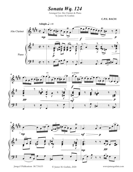 CPE BACH: Sonata in E Minor WQ124 for Alto Clarinet & Piano (arr. James Guthrie, ASCAP)