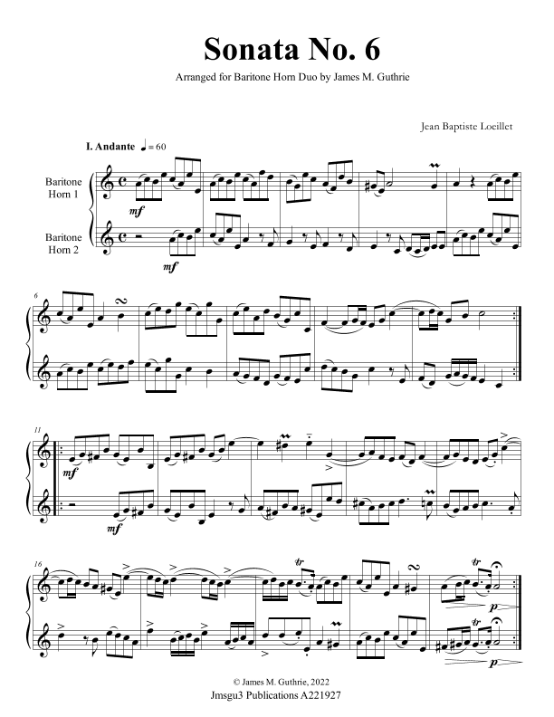 Loeillet: Sonata No. 6 for Baritone Horn Duo (arr. James M. Guthrie)