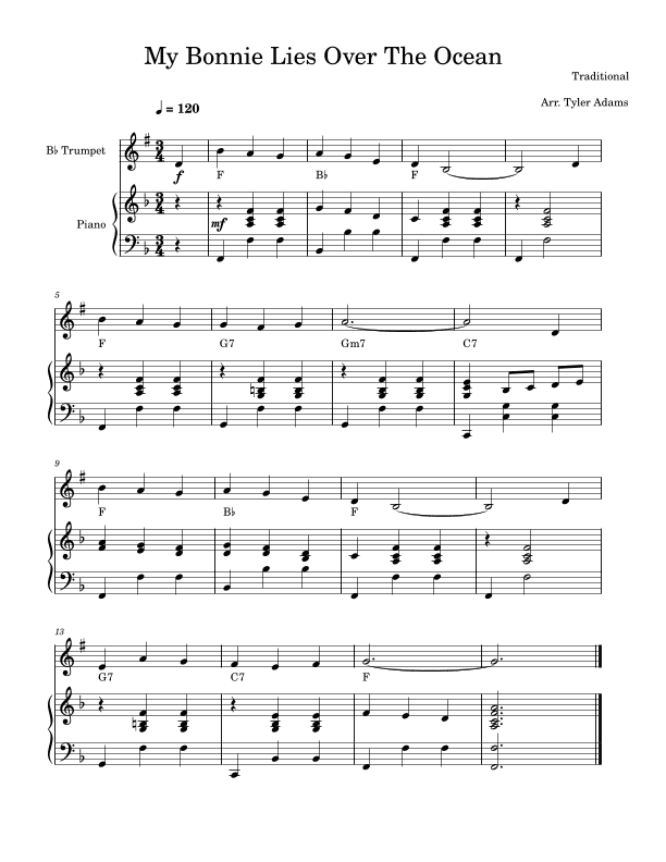 My Bonnie Lies Over The Ocean (Easy Trumpet) (arr. Tyler Adams)