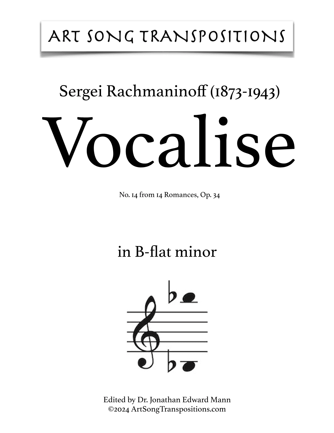 RACHMANINOFF: Vocalise, Op. 34 no. 14 (transposed to B-flat minor) (arr. ArtSongTranspositions.com)