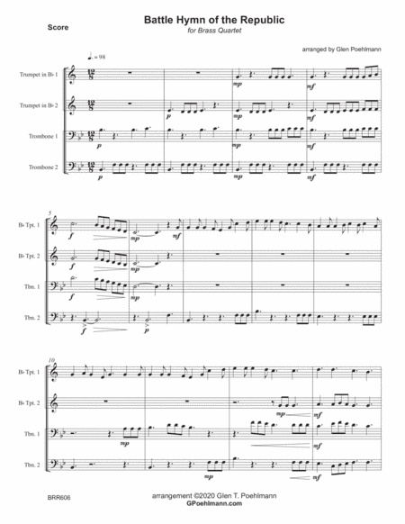 BATTLE HYMN OF THE REPUBLIC for unaccompanied BRASS QUARTET (arr. Glen Poehlmann)