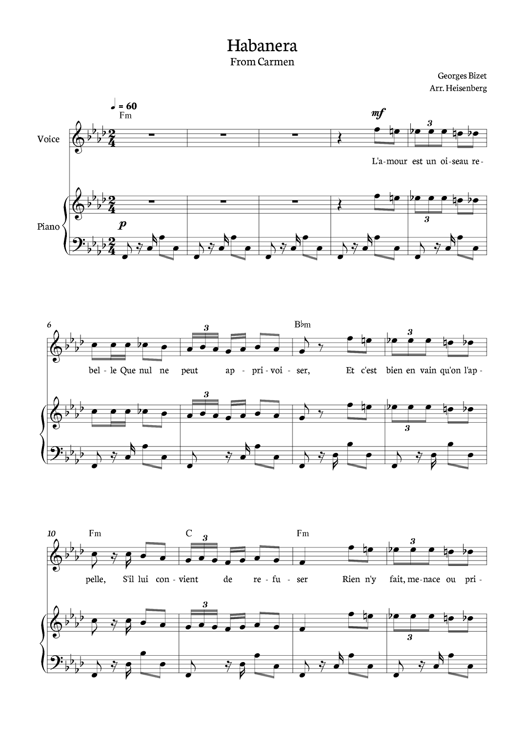 Habanera - Carmen for piano, chords and voice in F minor. (arr. Heisenberg)