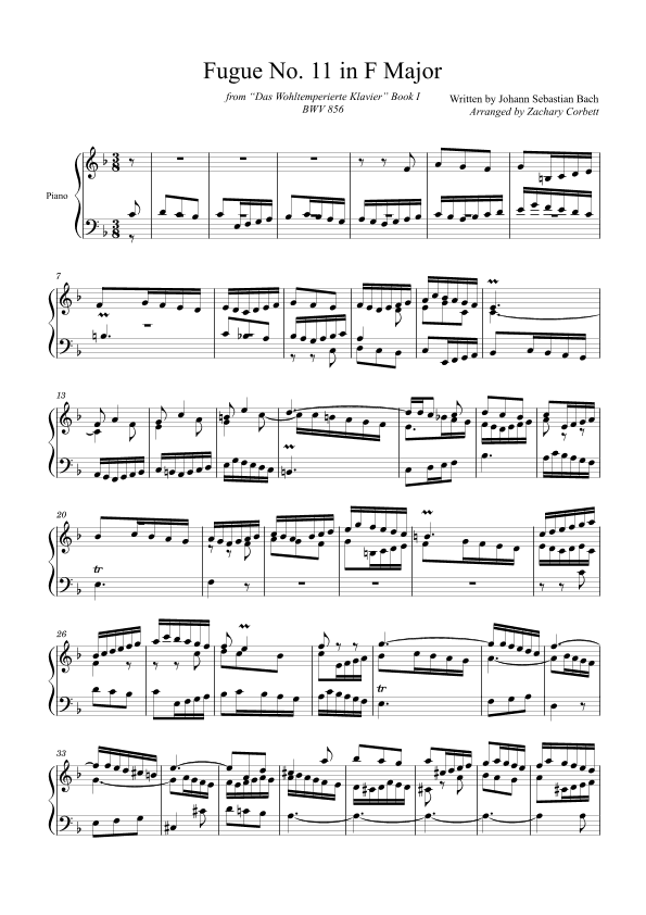 Fugue No. 11 BWV 856 in F Major (arr. Zachary Corbett)