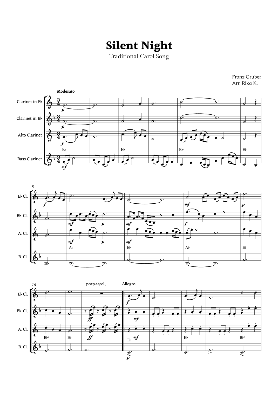 Silent Night for Clarinet Ensemble Quartet (arr. Rika K.)
