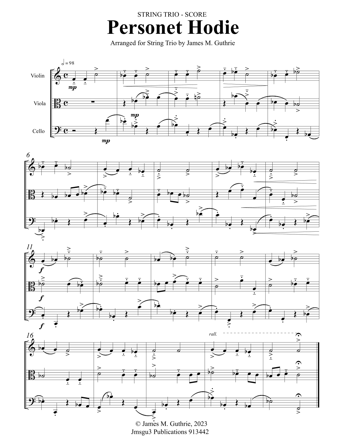Personet Hodie for String Trio (arr. James M. Guthrie)