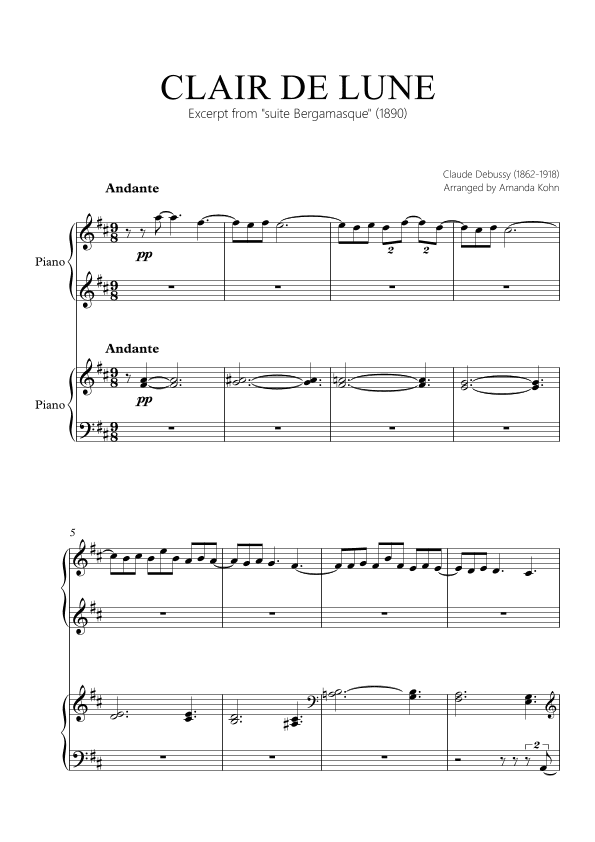 Clair de Lune - 4 hands (D maj) (arr. Amanda Kohn)